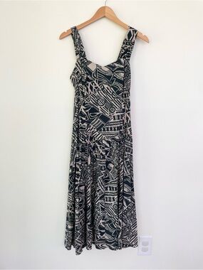 Hilo Hattie Botanical Abstract Print Smocked Midi Dress in Evergreen & Cream M